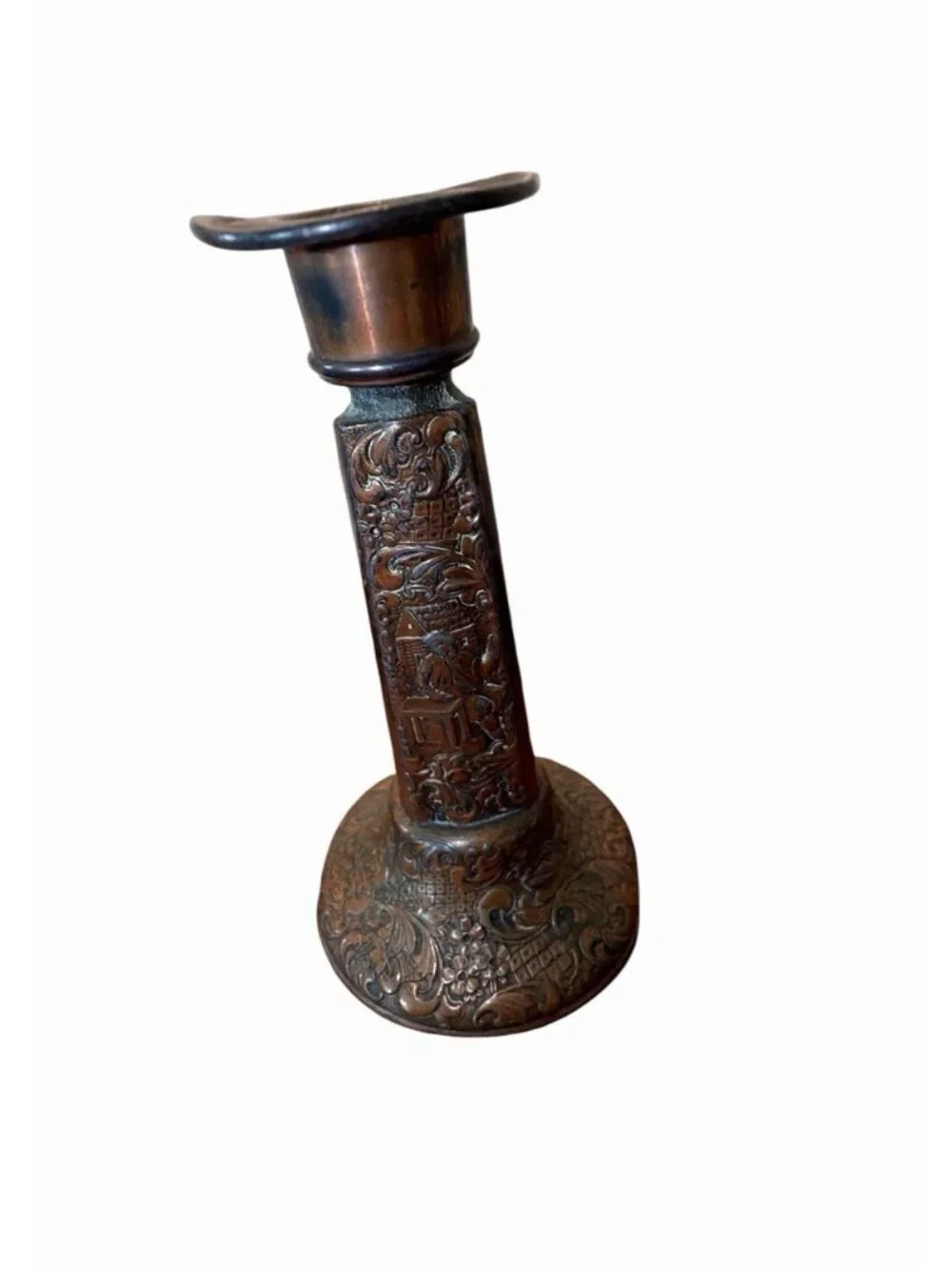Lot 3 Copper Hammered Repousse Farmhouse Country Cottage Lodge Candlesticks